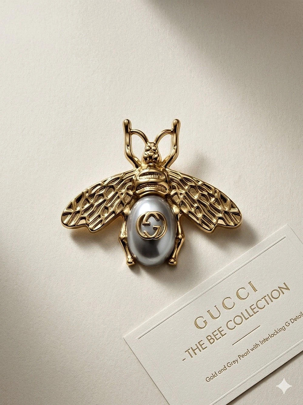 The Bee Collection Pearl and Interlocking G Brooch Bee Brooch in Gold Tone